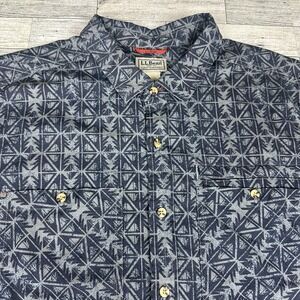 LL Bean Shirt Men's XL Blue Tribal Geometric Button Up Organic Polyester